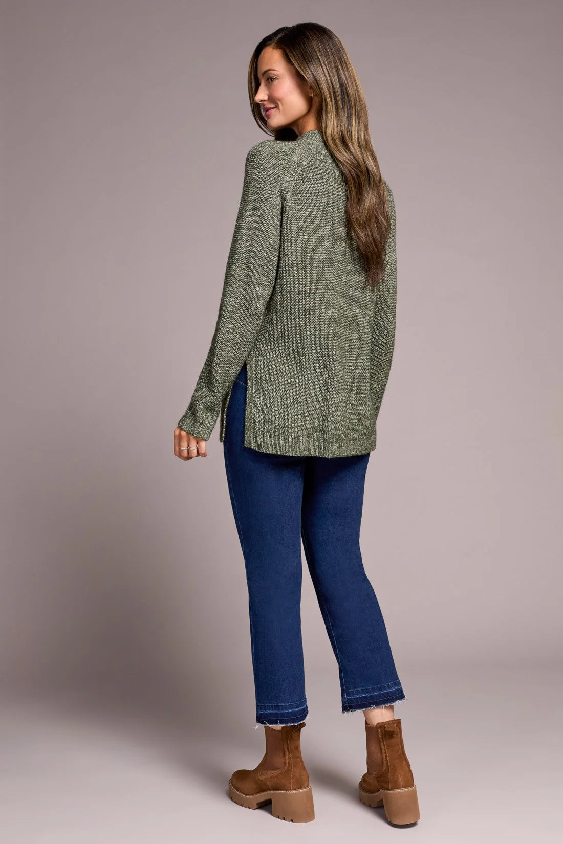 MOCK NECK HEATHERED KNIT SWEATER WITH SIDE SLITS-SPRUCE