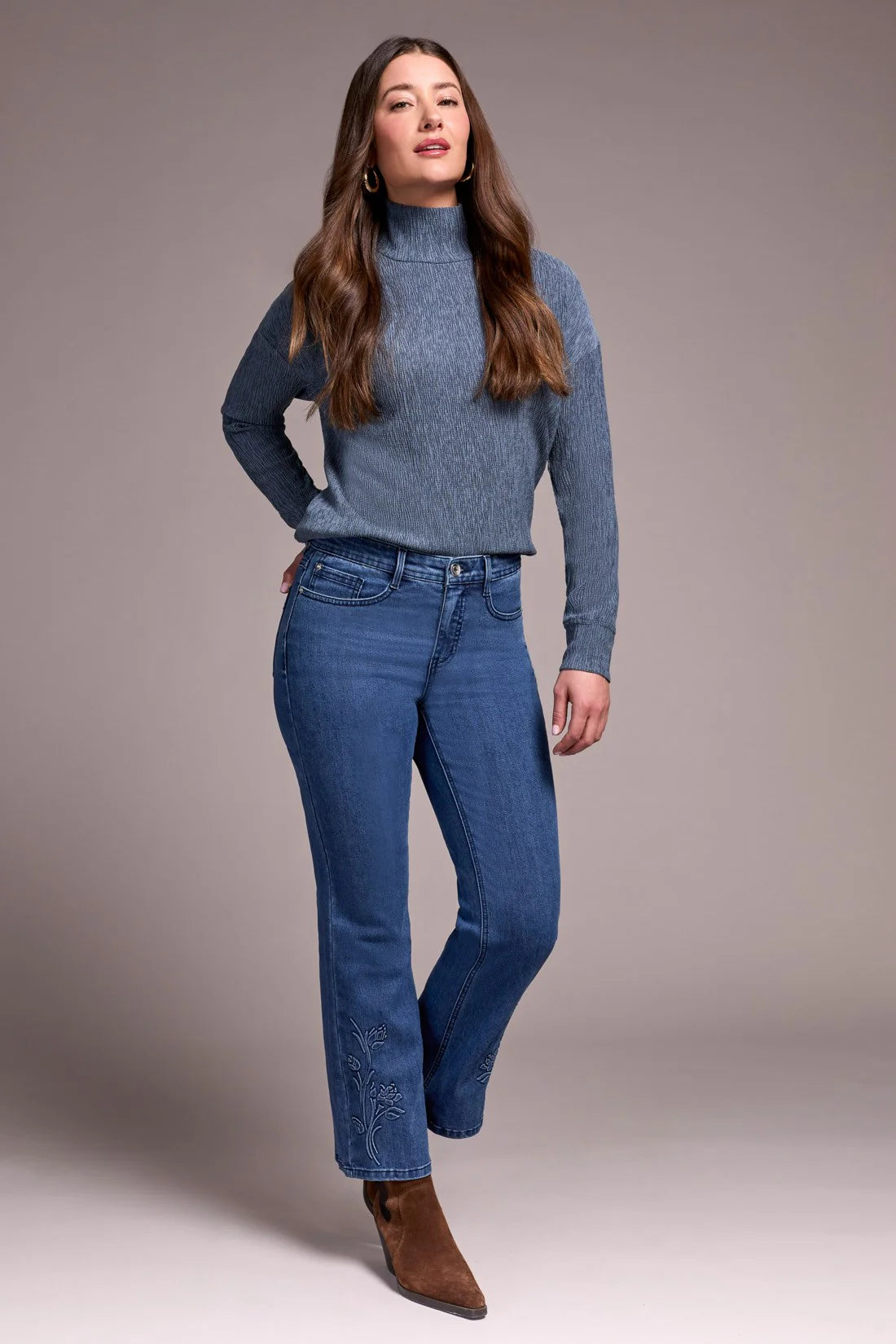 AUDREY HIGH RISE KICK FLARE JEANS WITH EMBOSSED FLOWER DETAIL