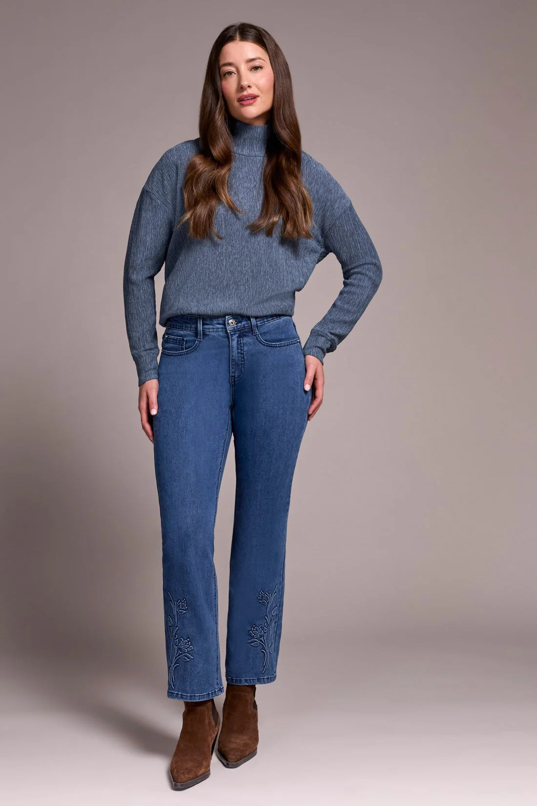 AUDREY HIGH RISE KICK FLARE JEANS WITH EMBOSSED FLOWER DETAIL