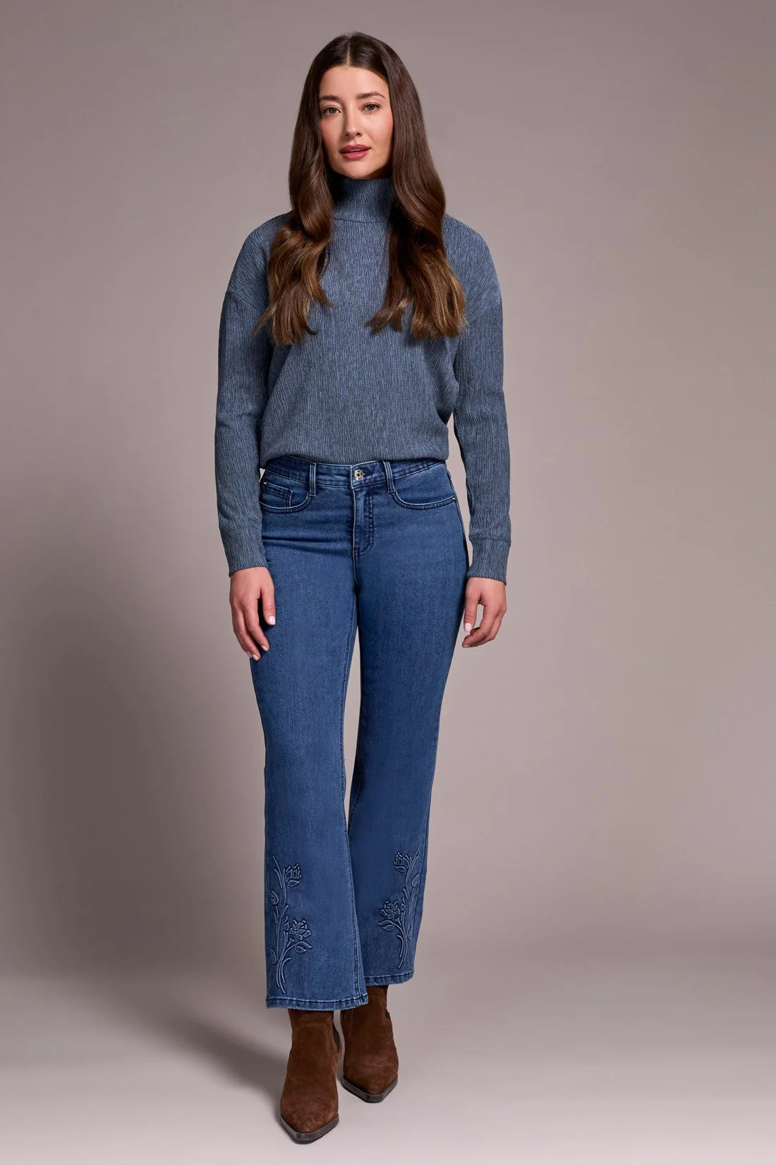AUDREY HIGH RISE KICK FLARE JEANS WITH EMBOSSED FLOWER DETAIL