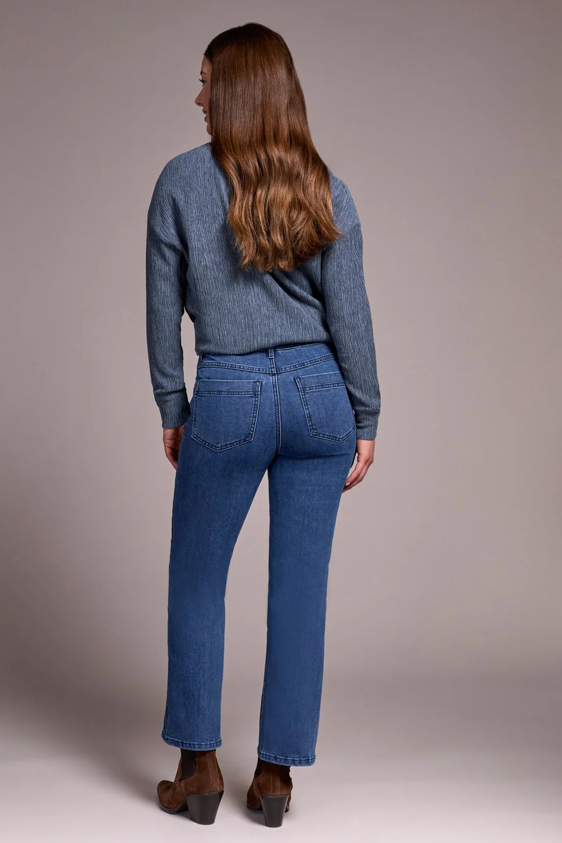 AUDREY HIGH RISE KICK FLARE JEANS WITH EMBOSSED FLOWER DETAIL