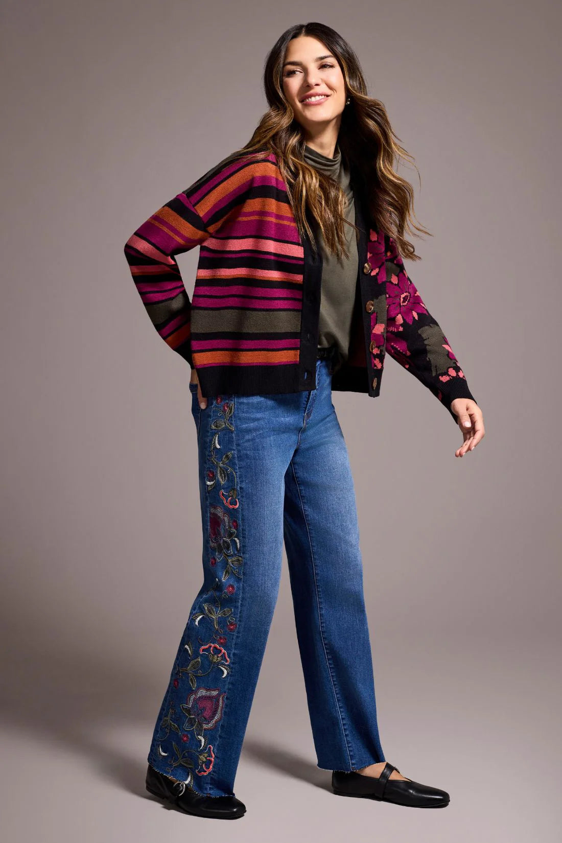 DOUBLE KNIT COMBO PRINT CARDIGAN