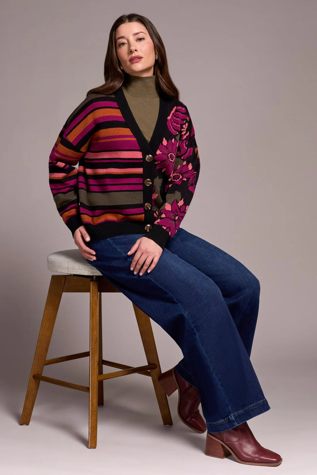 DOUBLE KNIT COMBO PRINT CARDIGAN