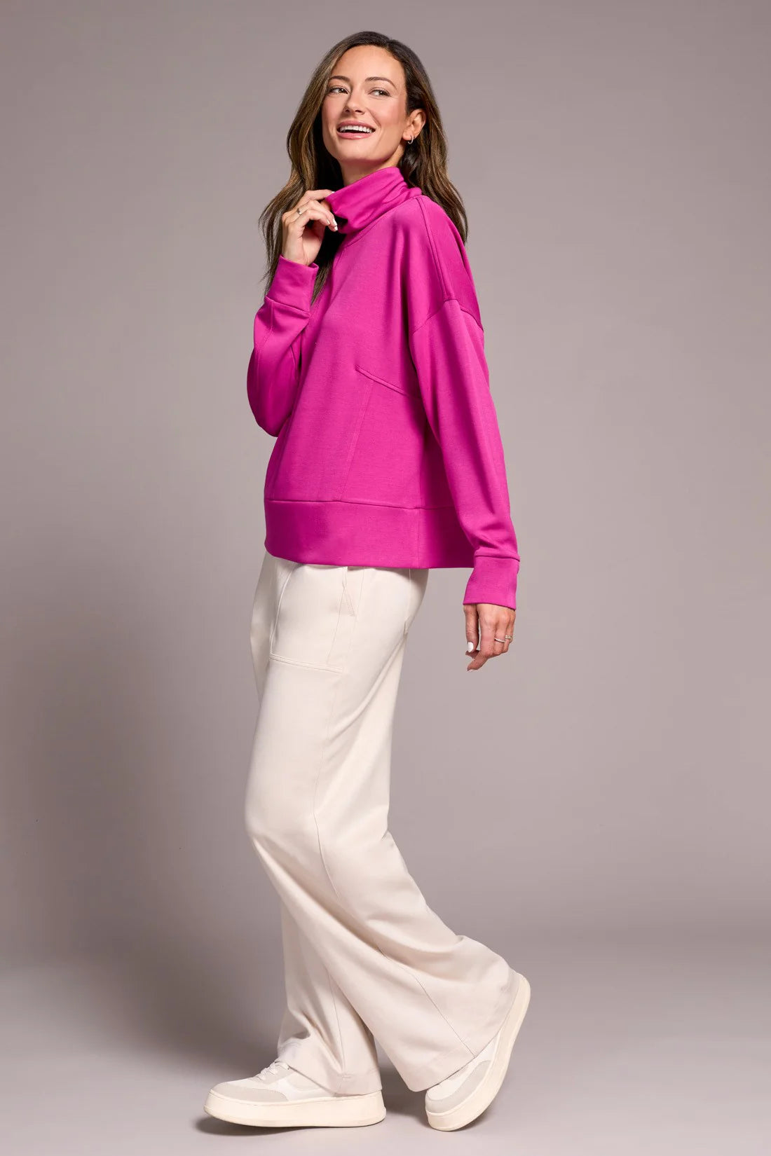 TECHNO LUX DROP SHOULDER FUNNEL NECK KNIT TOP-PINK