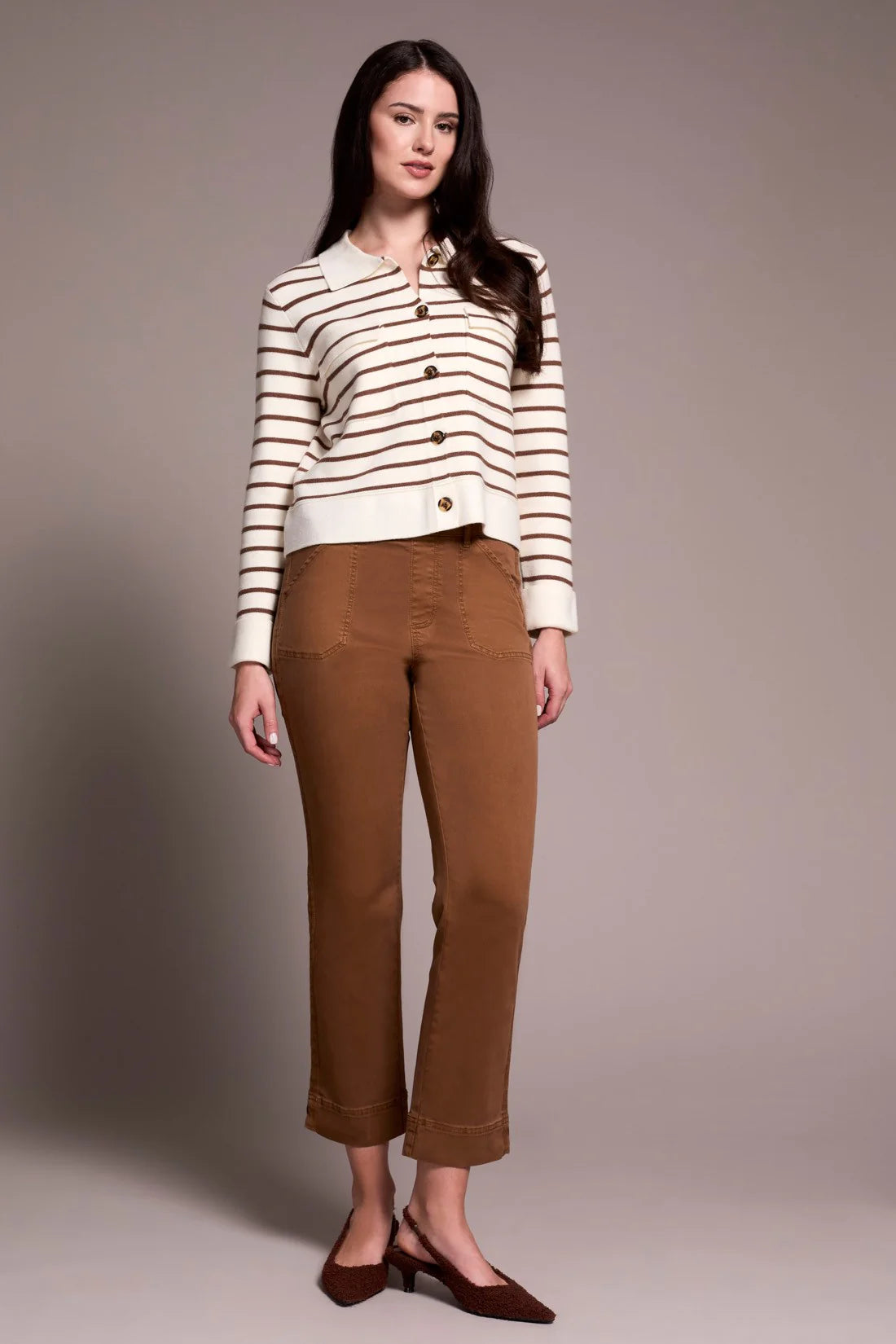 COMFORT STRETCH PULL-ON KICK FLARE ANKLE PANTS-WALNUT