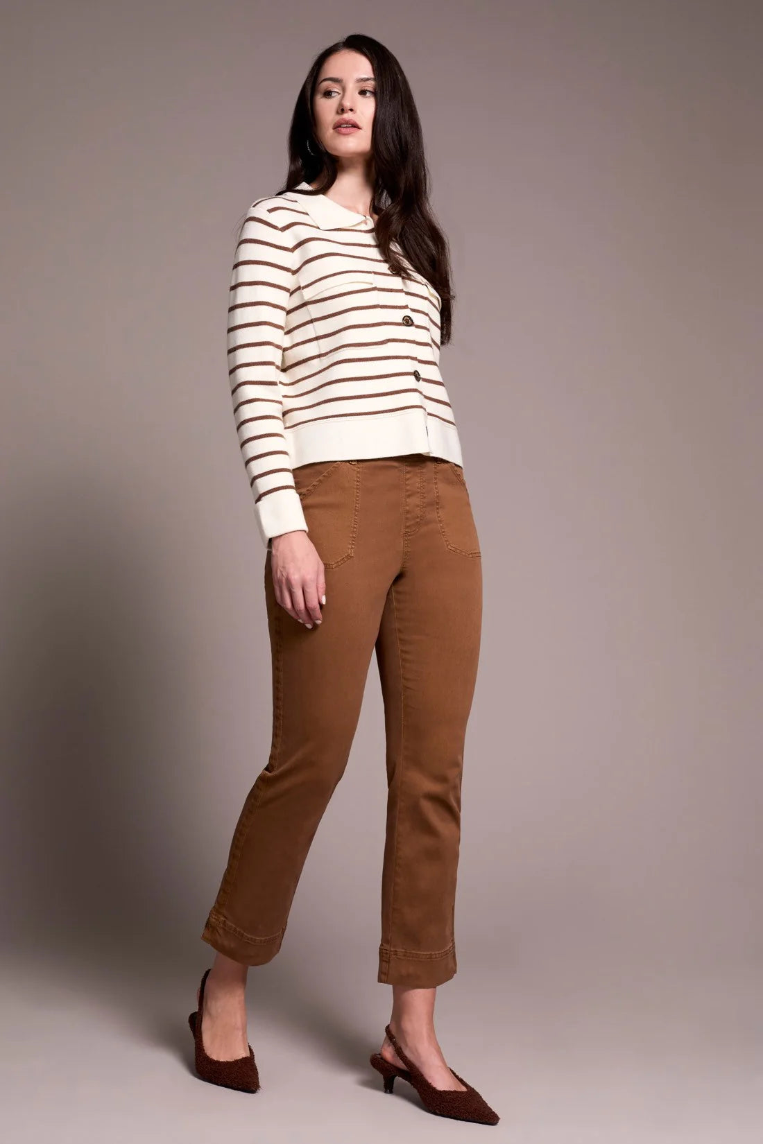 COMFORT STRETCH PULL-ON KICK FLARE ANKLE PANTS-WALNUT