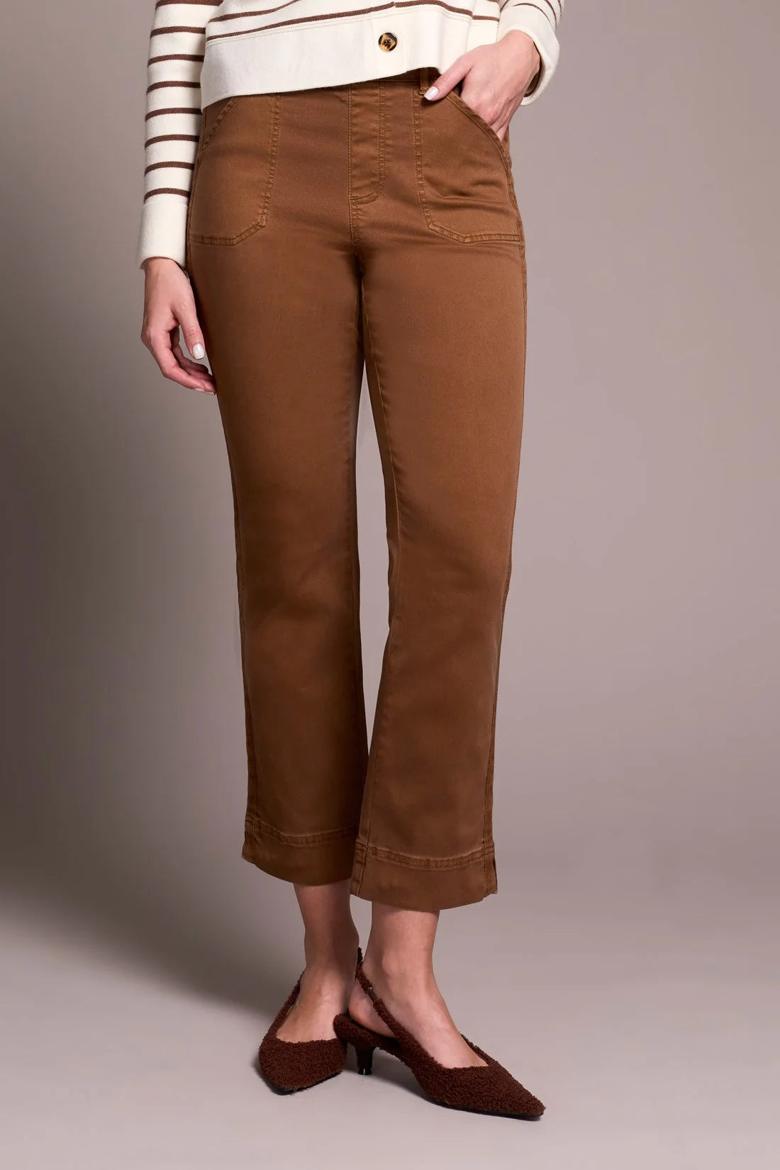 COMFORT STRETCH PULL-ON KICK FLARE ANKLE PANTS-WALNUT