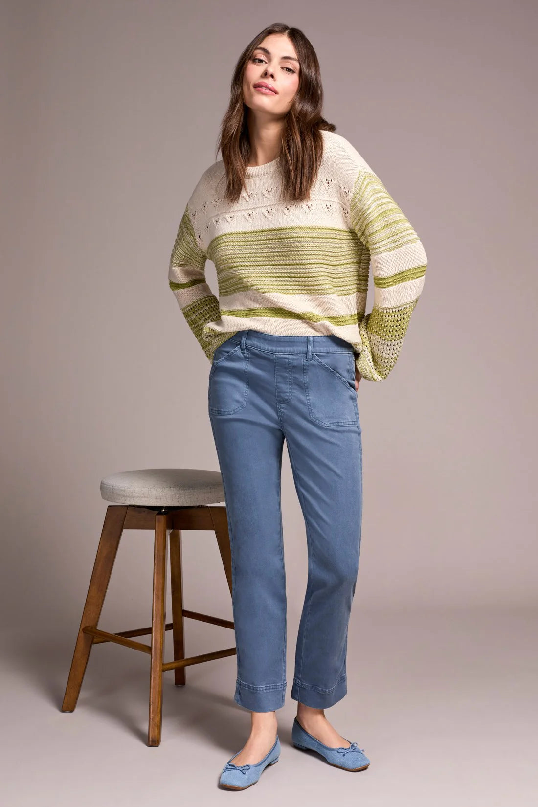 COMFORT STRETCH PULL-ON KICK FLARE ANKLE PANTS-SLATE BLUE