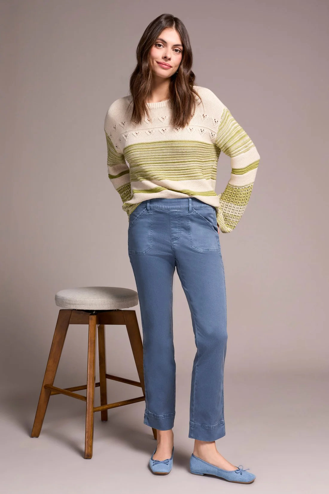 COMFORT STRETCH PULL-ON KICK FLARE ANKLE PANTS-SLATE BLUE