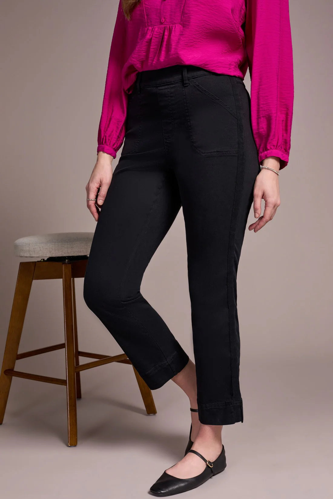 COMFORT STRETCH PULL-ON KICK FLARE ANKLE PANTS-BLACK