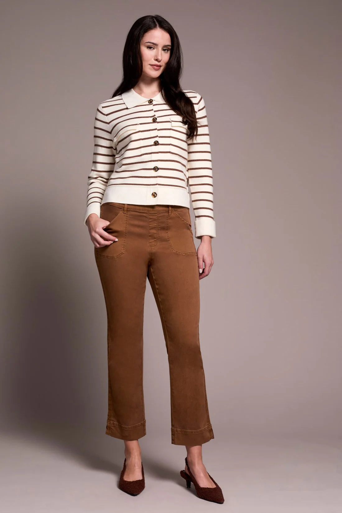 DOUBLE KNIT BUTTON-FRONT STRIPE CARDIGAN