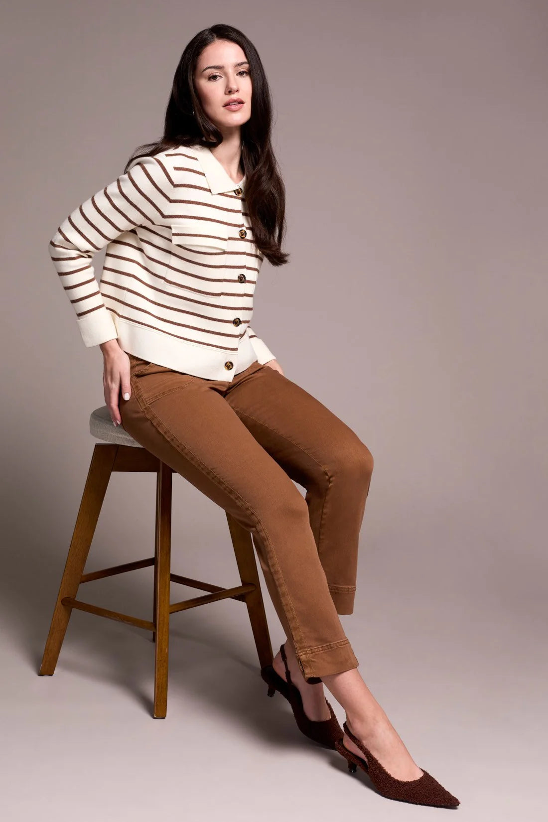 DOUBLE KNIT BUTTON-FRONT STRIPE CARDIGAN