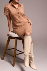 TRIBAL S/S EYELET DETAIL SUEDE DRESS ALMOND