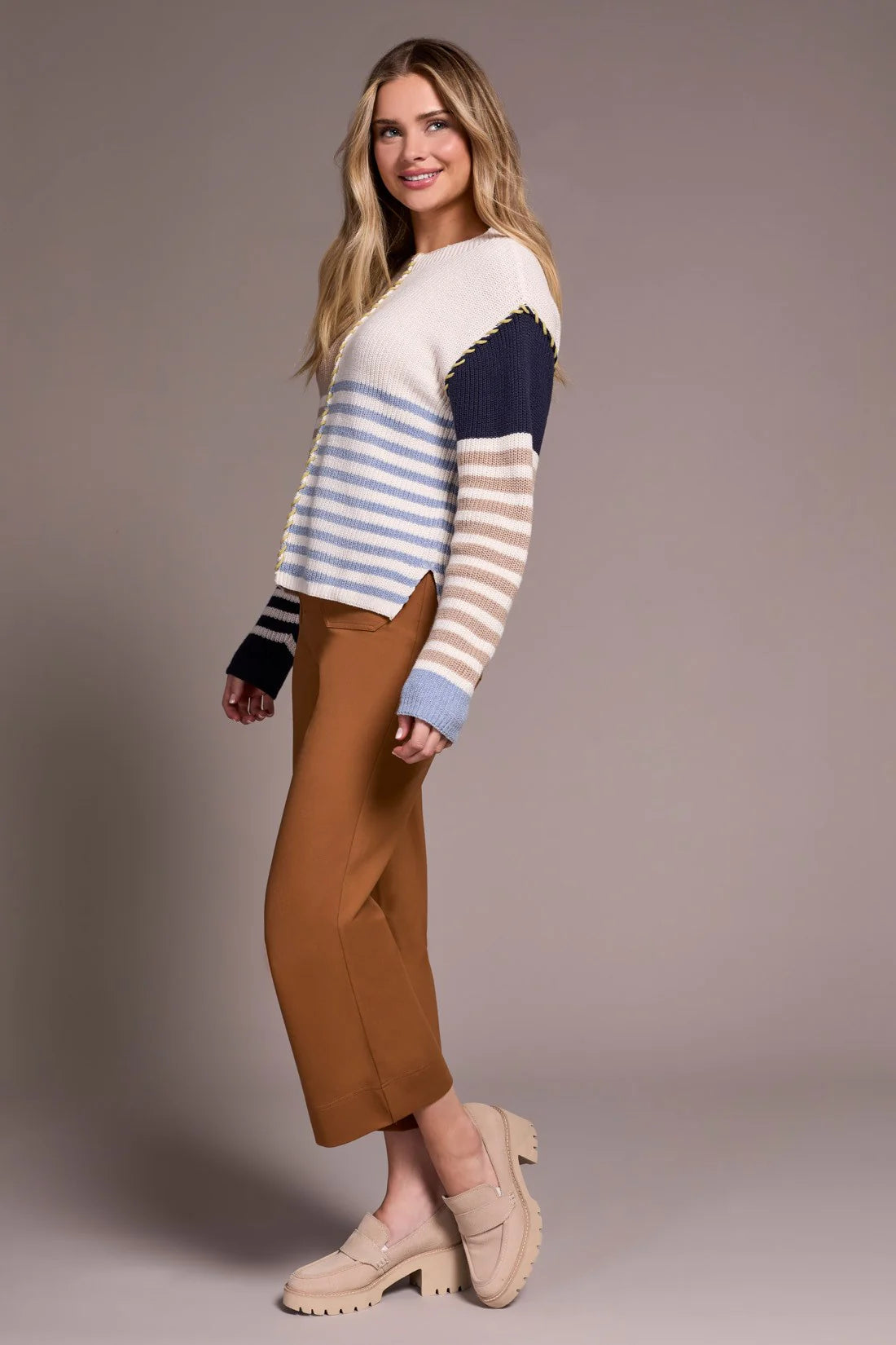 MULTI STRIPE TEXTURED BOAT NECK SWEATER