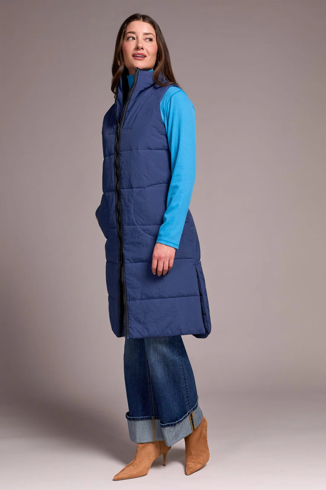 LONG ZIP-FRONT QUILTED VEST-MARINE