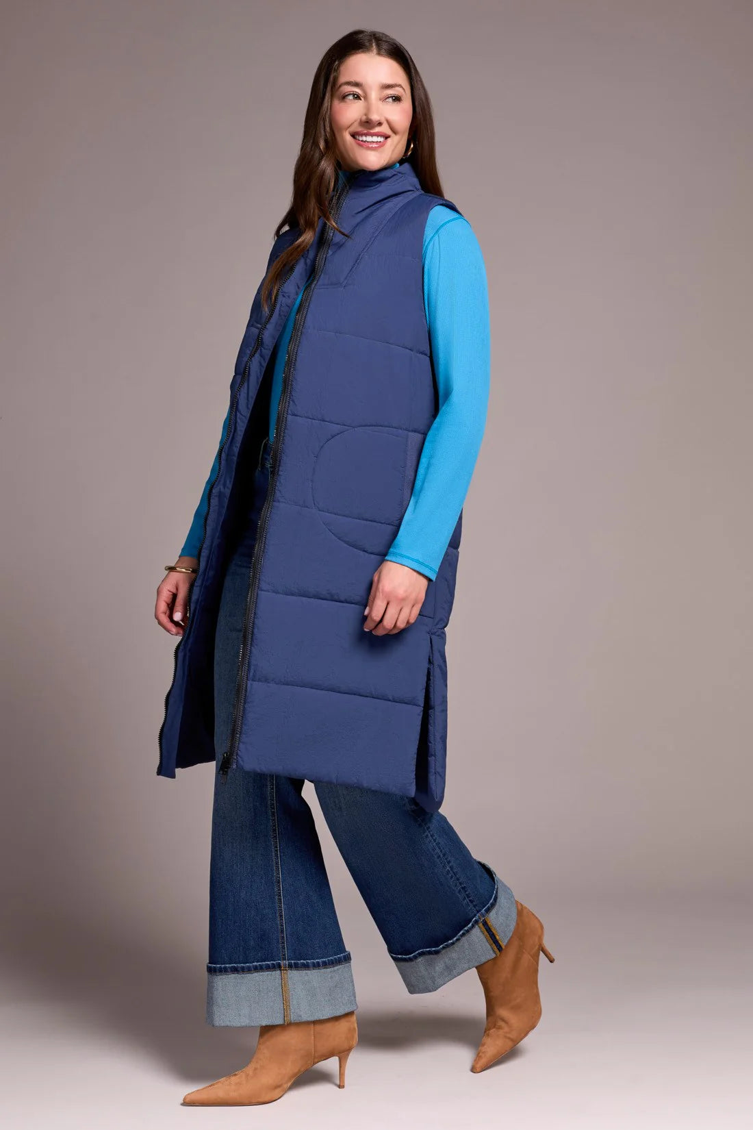 LONG ZIP-FRONT QUILTED VEST-MARINE