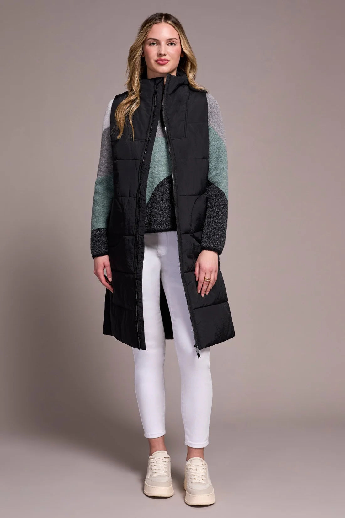 LONG ZIP-FRONT QUILTED VEST-BLACK