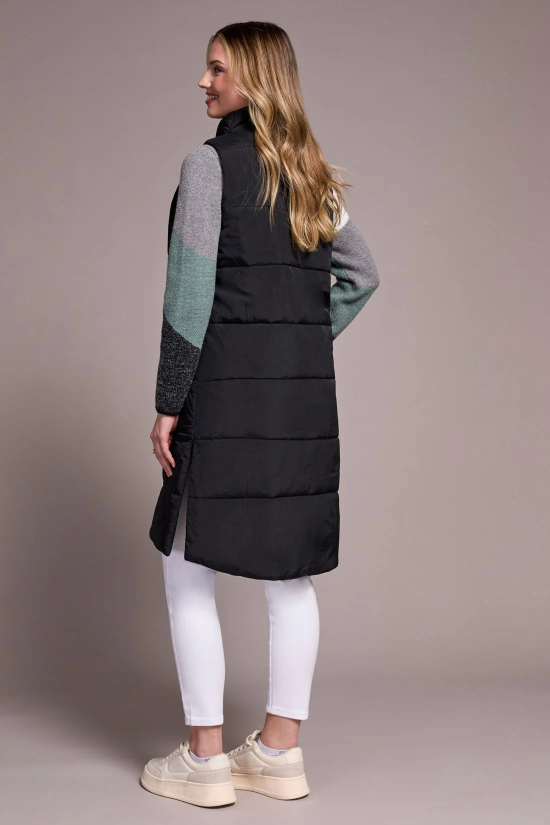 LONG ZIP-FRONT QUILTED VEST-BLACK