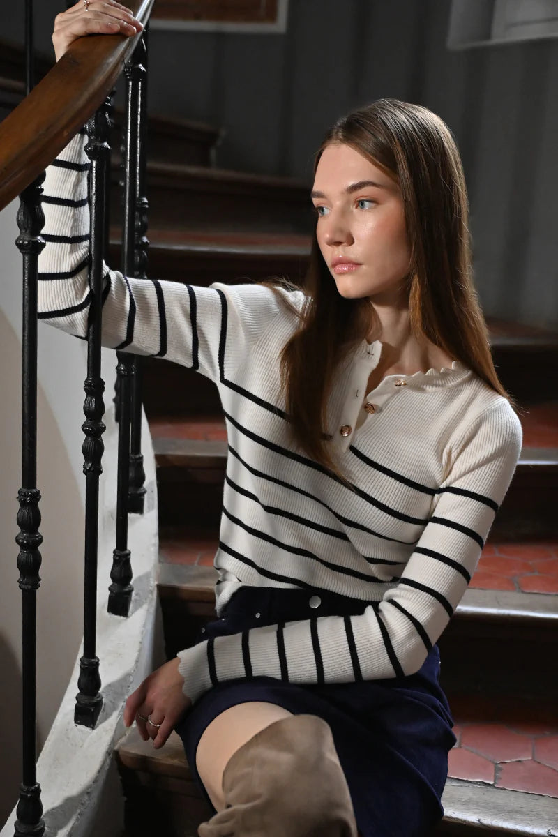 LADIES KNITTED STRIPED SWEATER-ECRU/NAVY