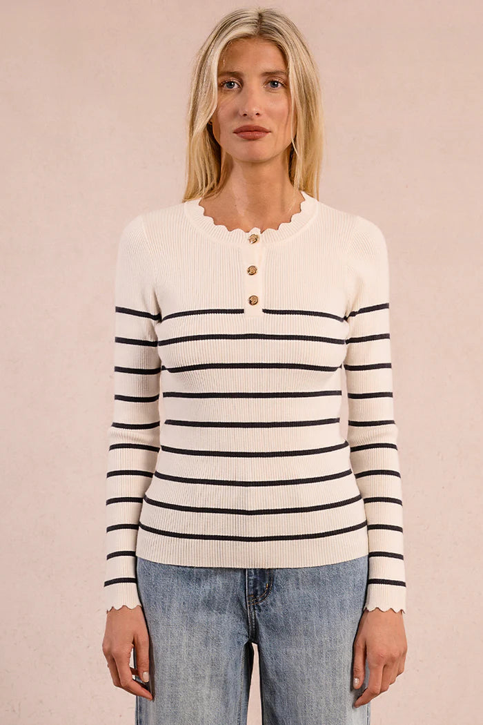 LADIES KNITTED STRIPED SWEATER-ECRU/NAVY