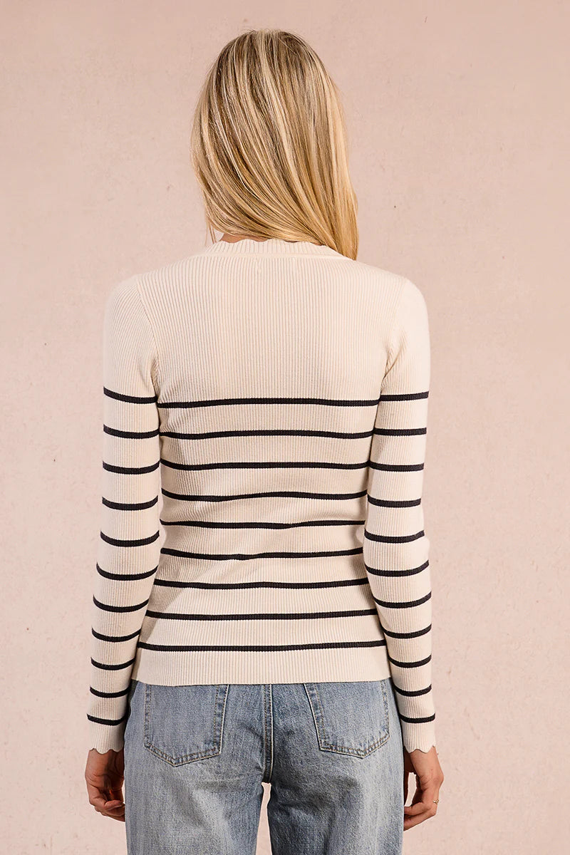 LADIES KNITTED STRIPED SWEATER-ECRU/NAVY