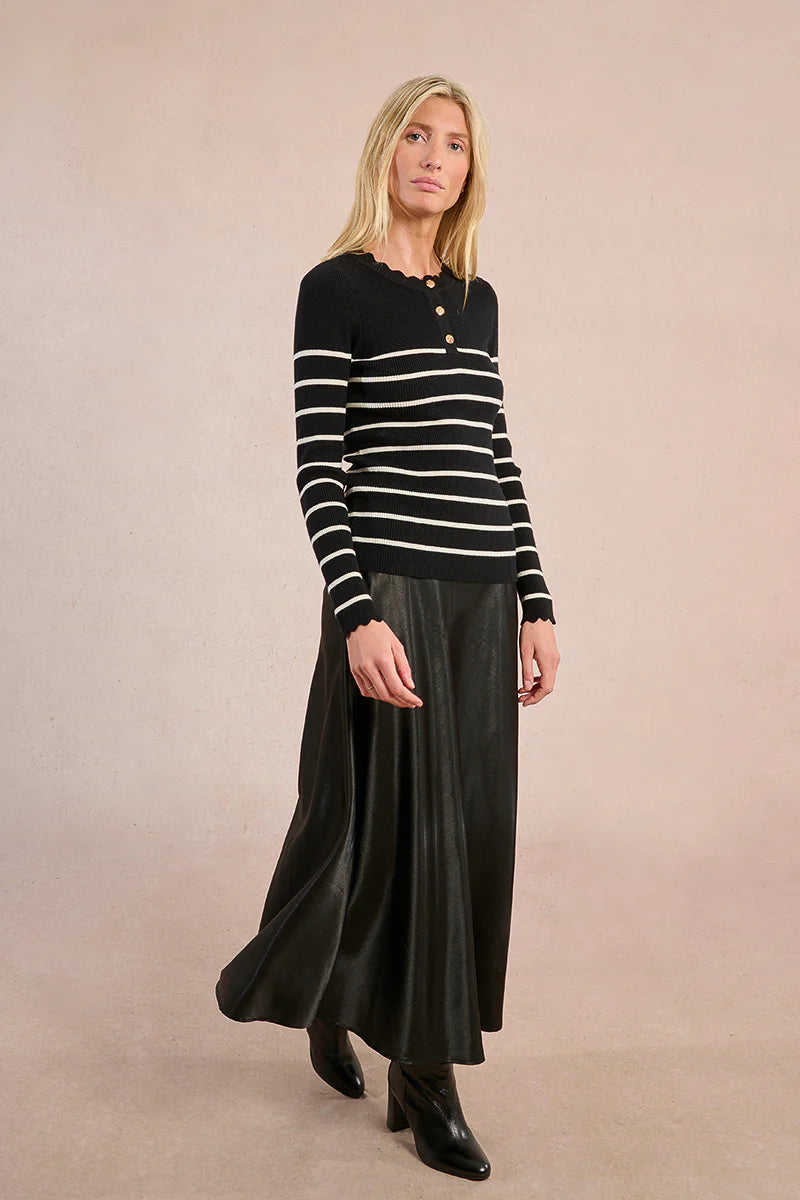LADIES KNITTED STRIPED SWEATER-BLACK/ECRU