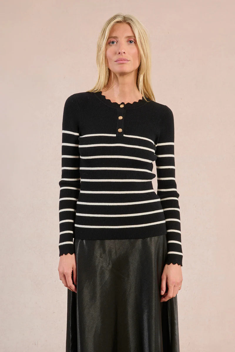 LADIES KNITTED STRIPED SWEATER-BLACK/ECRU