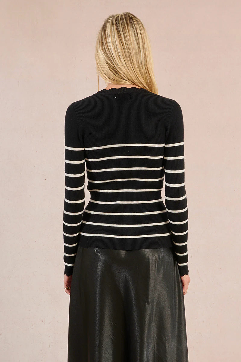 LADIES KNITTED STRIPED SWEATER-BLACK/ECRU