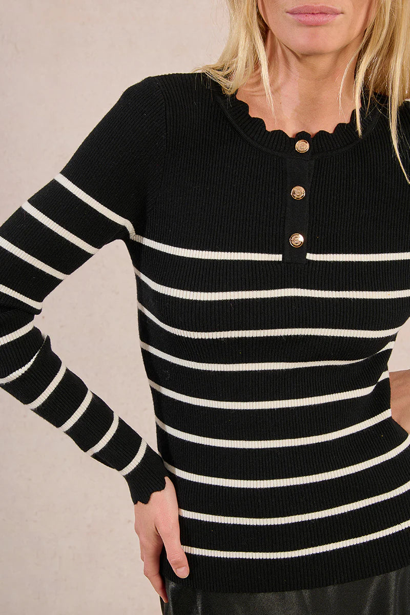 LADIES KNITTED STRIPED SWEATER-BLACK/ECRU