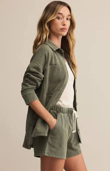 All Day Knit Denim Long Sleeve Oversized Shacket-Hunter Green