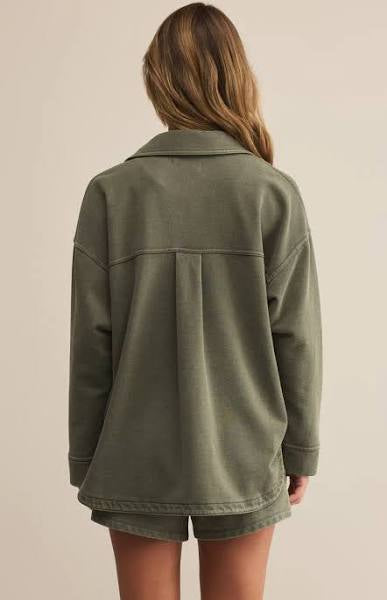 All Day Knit Denim Long Sleeve Oversized Shacket-Hunter Green