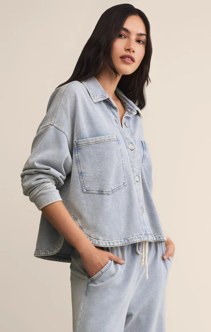 ALL DAY CROPPED KNIT DENIM JACKET-WASHED INDIGO