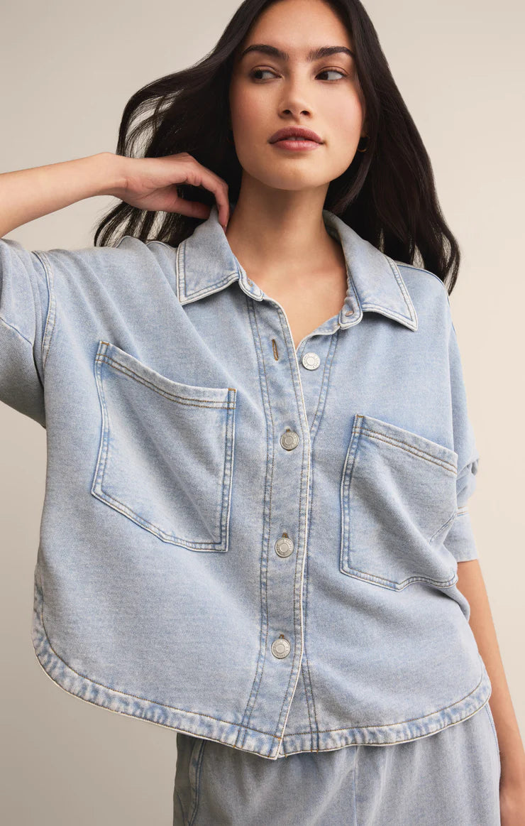 ALL DAY CROPPED KNIT DENIM JACKET-WASHED INDIGO