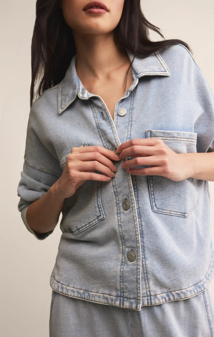 ALL DAY CROPPED KNIT DENIM JACKET-WASHED INDIGO