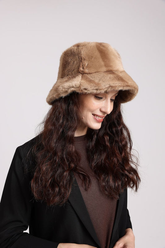 Faux Fur Bucket Hat-Camel