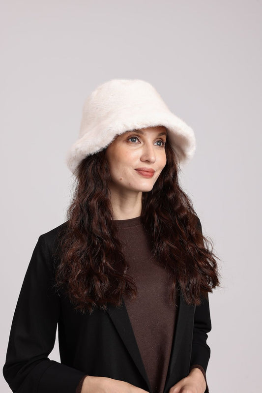 Faux Fur Bucket Hat-Cream