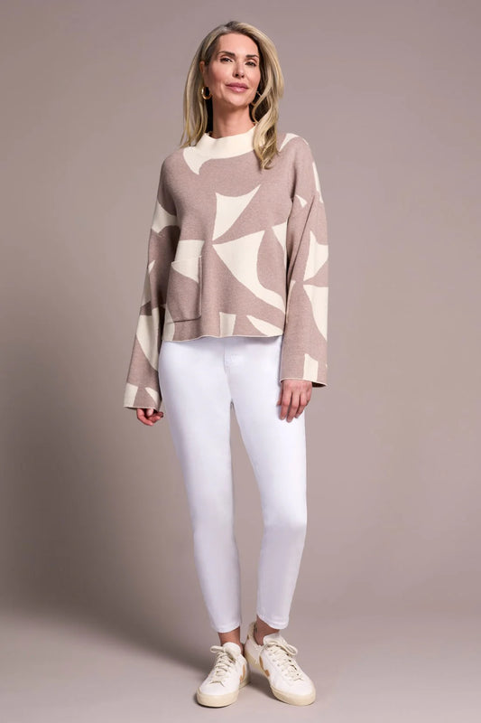 OVERSIZED MOCK NECK ABSTRACT PRINT SWEATER-SANDSTONE