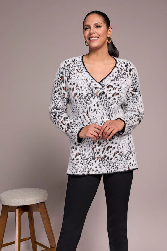FUZZY ANIMAL PRINT LONG-SLEEVE V-NECK SWEATER