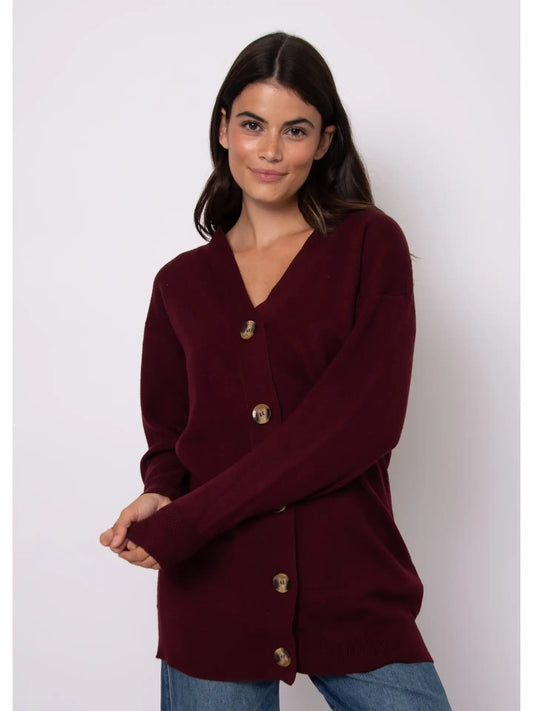 Abella Long Sleeve V-Neck Cardigan-Burgundy