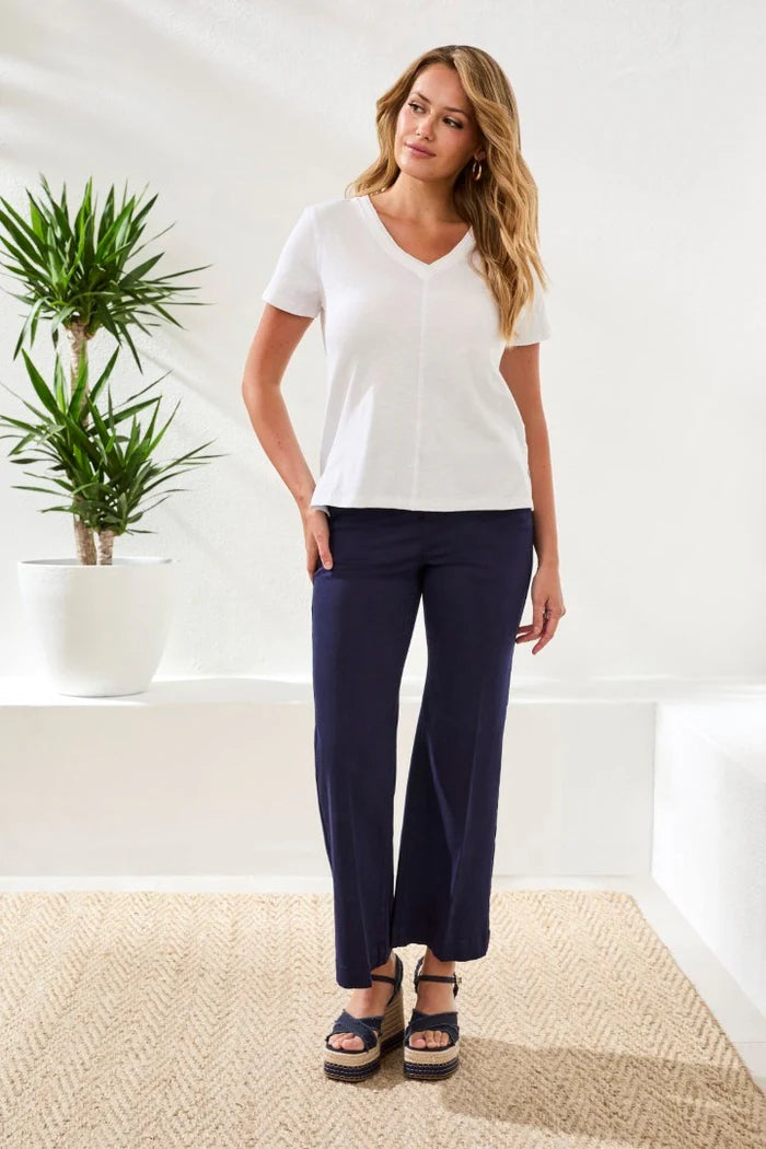 V-NECK TOP WITH DOUBLE TRIM DETAIL-WHITE