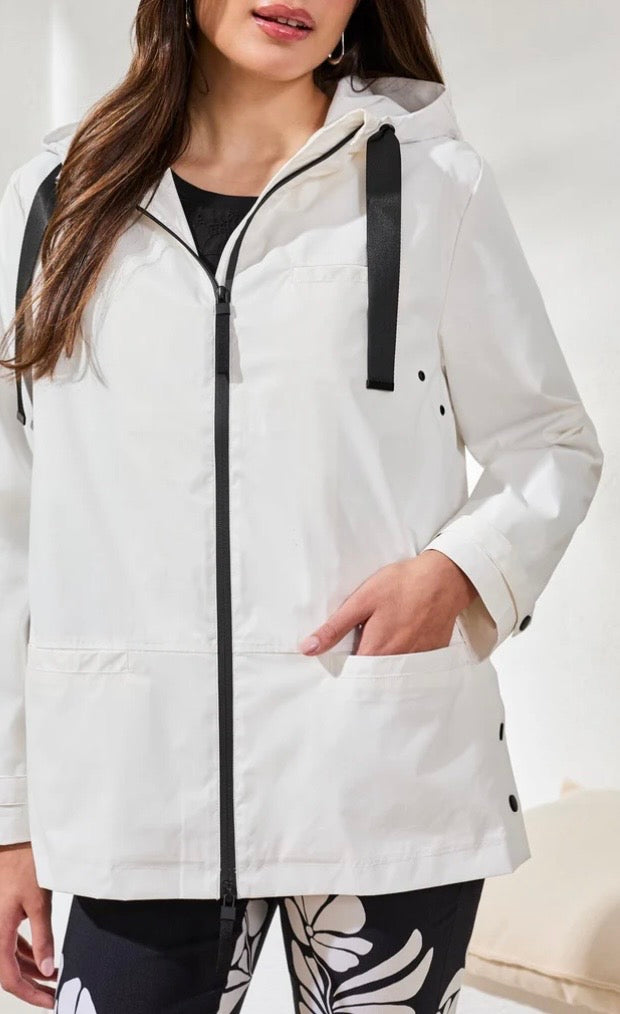 Tribal L/S Zip Front Rain Coat w/Hood-White