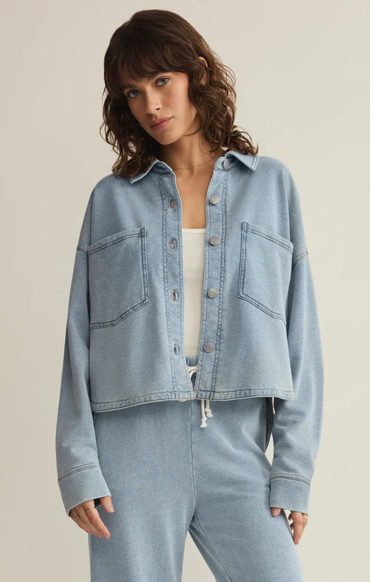 ALL DAY CROPPED KNIT DENIM JACKET-OCEAN AIR INDIGO