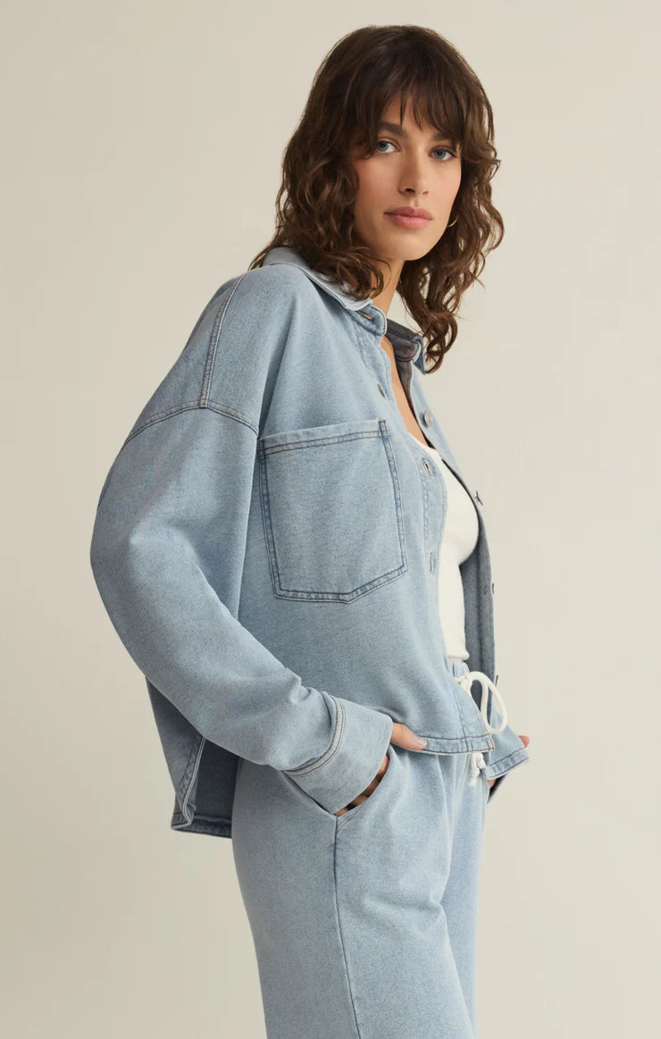 ALL DAY CROPPED KNIT DENIM JACKET-OCEAN AIR INDIGO