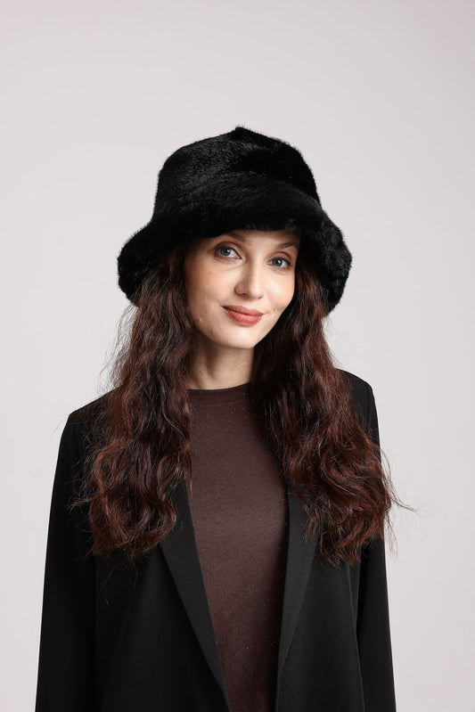 Faux Fur Bucket Hat-Black