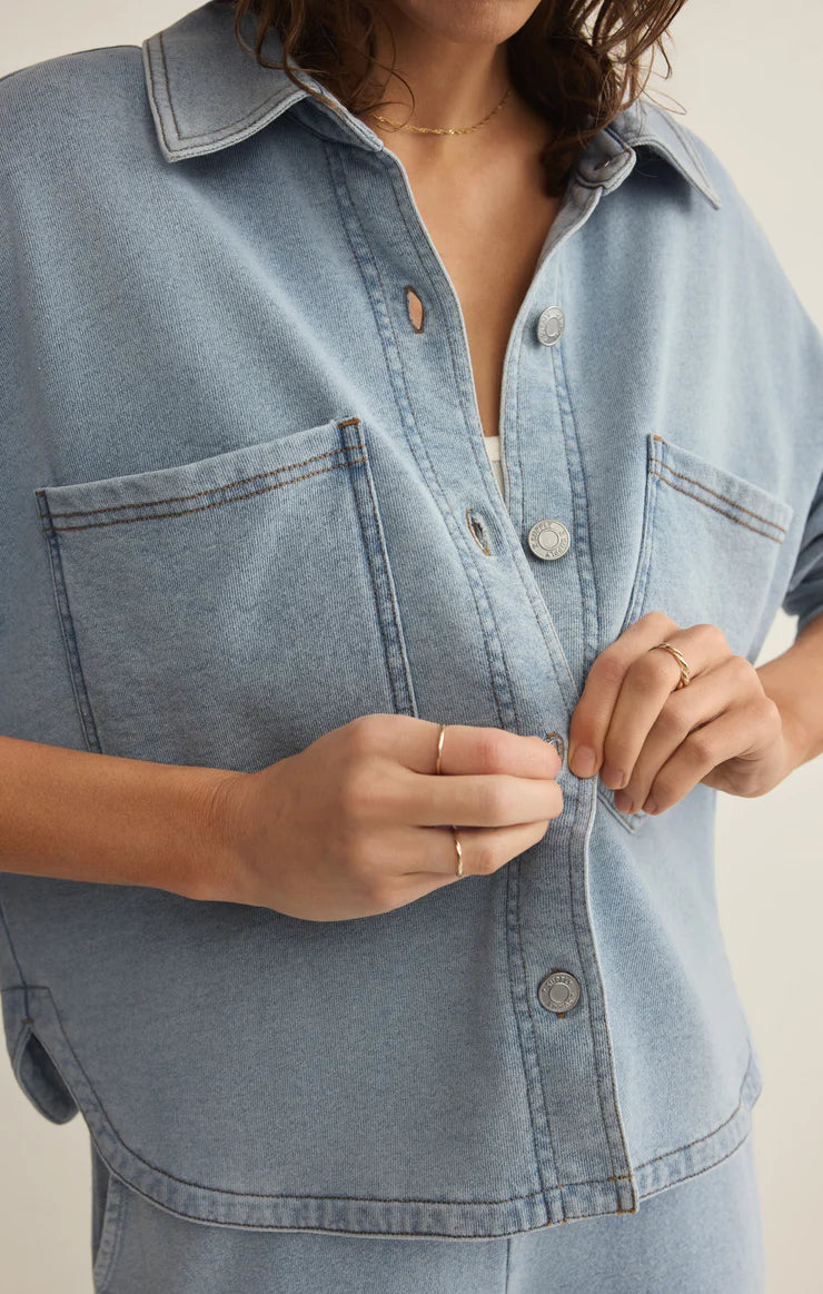 ALL DAY CROPPED KNIT DENIM JACKET-OCEAN AIR INDIGO