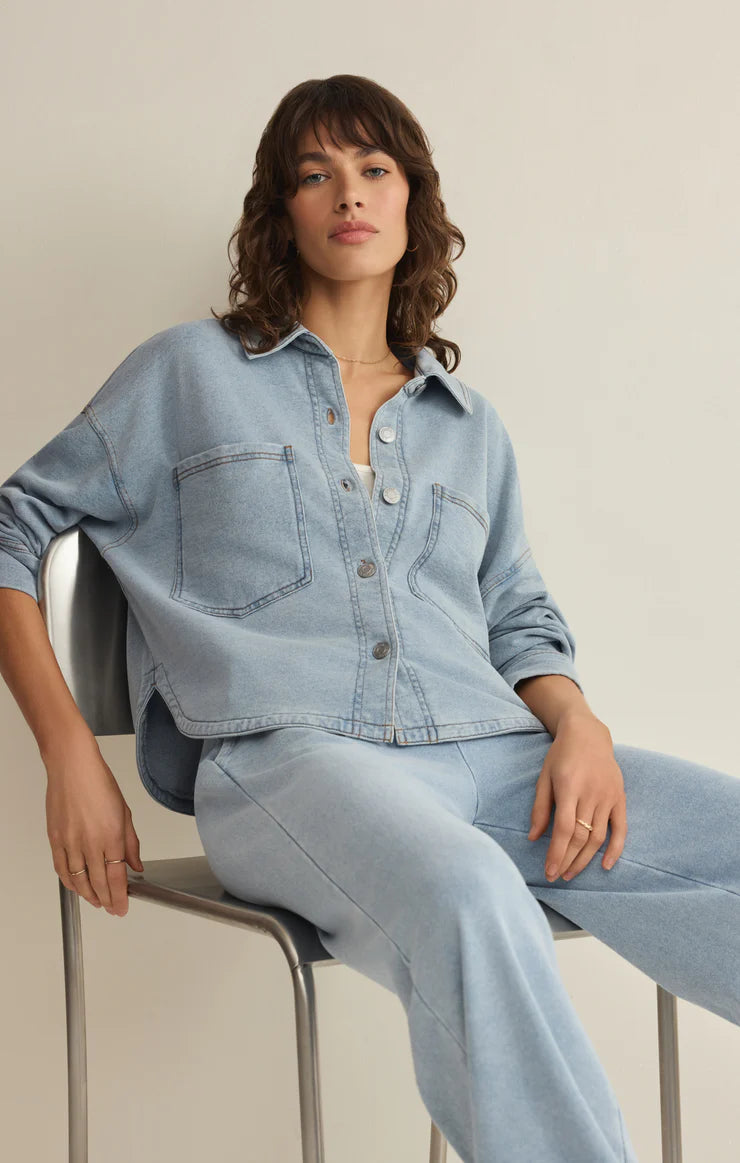 ALL DAY CROPPED KNIT DENIM JACKET-OCEAN AIR INDIGO