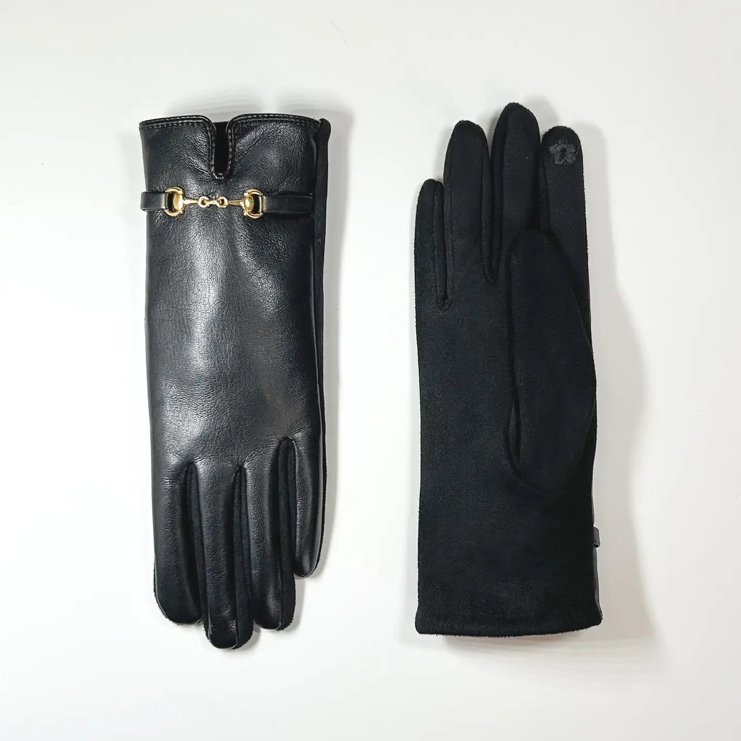 Faux Leather Gloves w/ Gold Buckle Accent-Black
