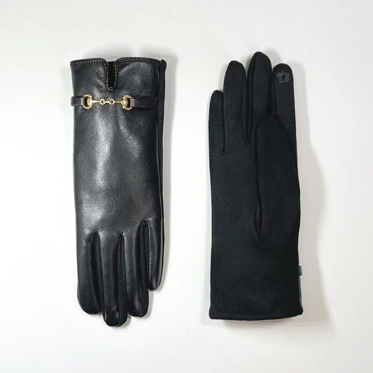 Faux Leather Gloves w/ Gold Buckle Accent-Black