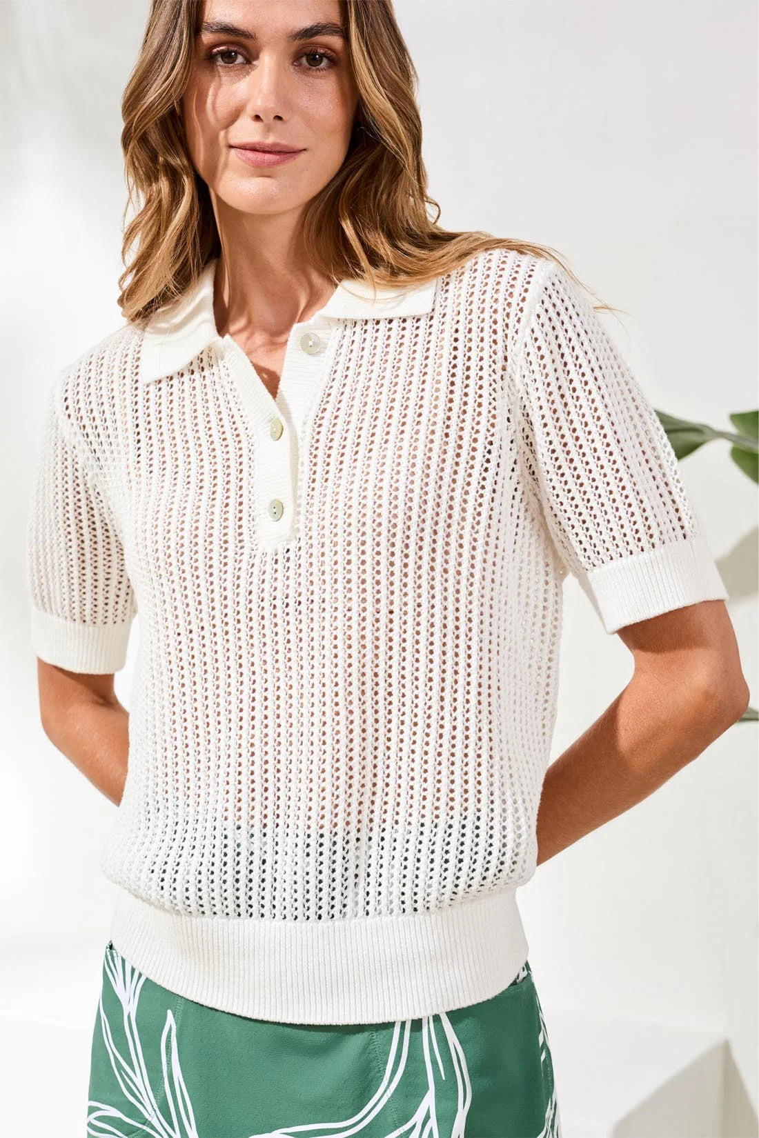SHORT SLEEVE POLO SWEATER TOP-WHITE