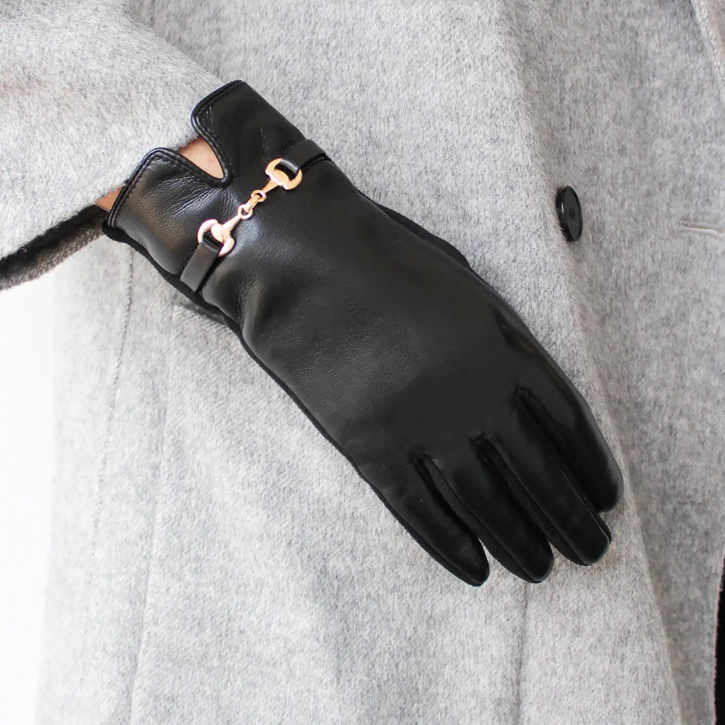 Faux Leather Gloves w/ Gold Buckle Accent-Black